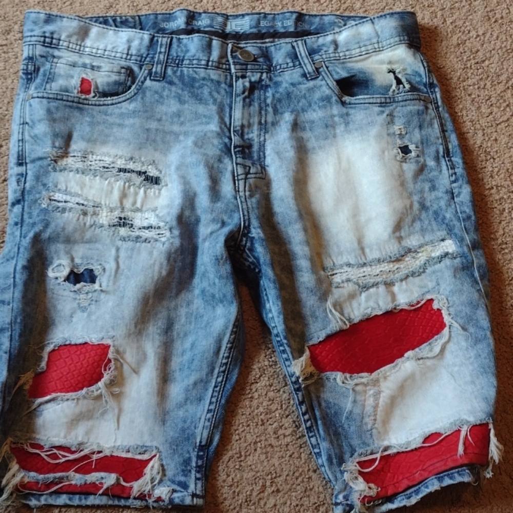 Jordan Craig jean shorts distressed denim and patc
